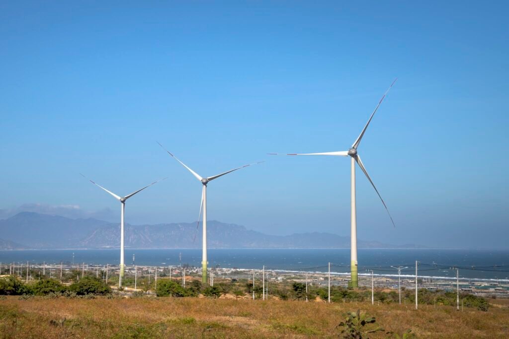 Rows of wind generators on land with plants against sea and mountain in daylight
